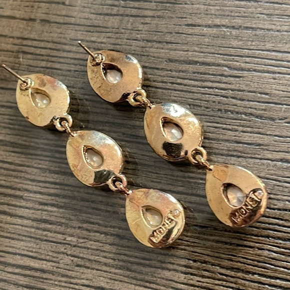 Monet Green & Clear Tear Drop Rhinestone Dangle Earrings - Picture 6 of 15